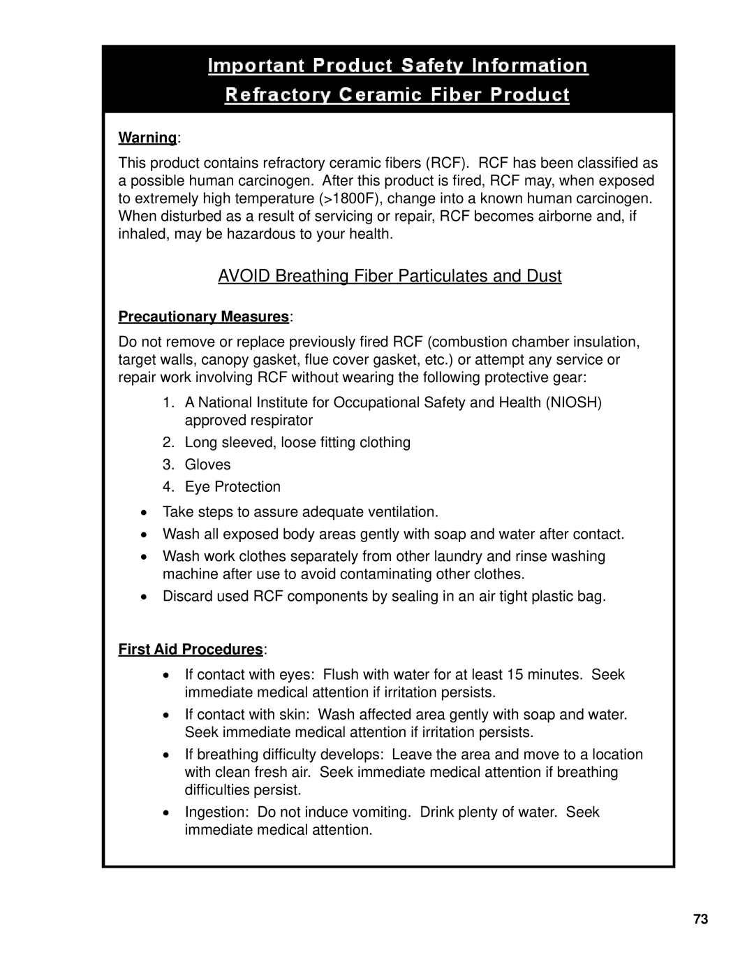 Burnham V8 Series manual Avoid Breathing Fiber Particulates and Dust 