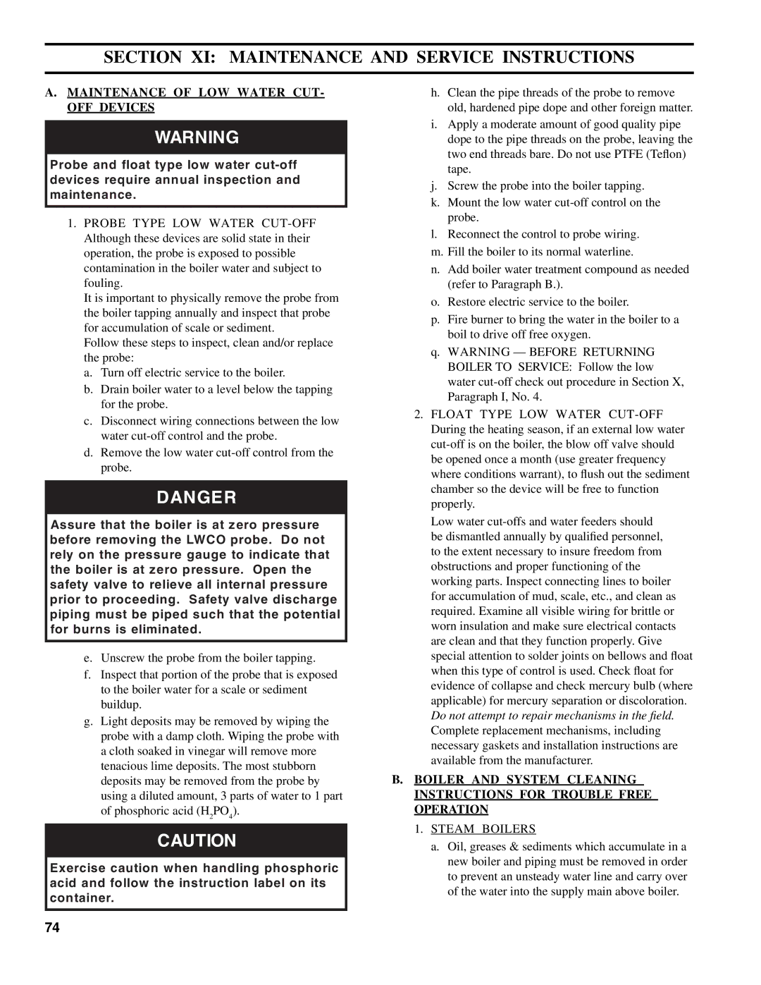 Burnham V8 Series manual Section XI Maintenance and Service Instructions, Maintenance of LOW Water CUT- OFF Devices 