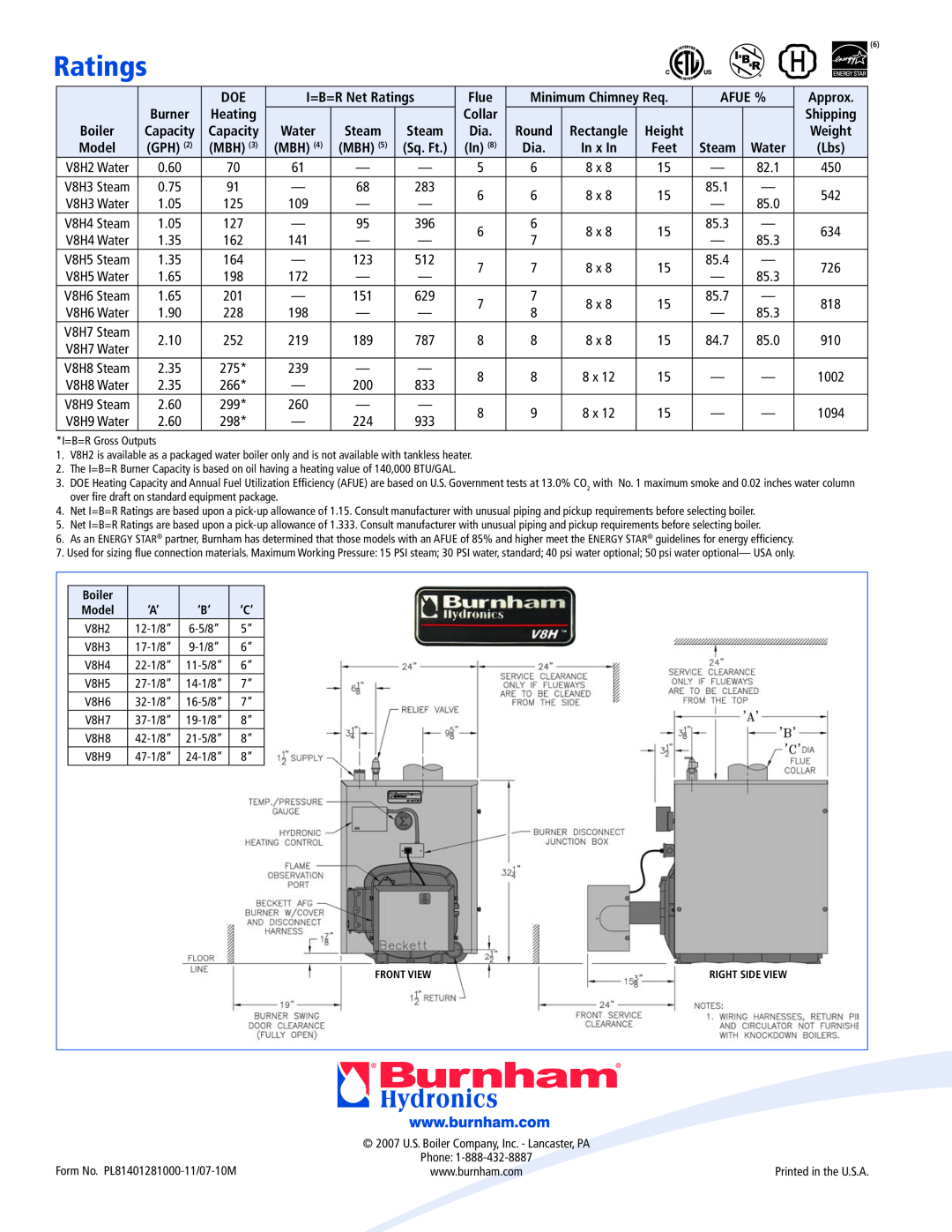 Burnham V8H Series I=B=R Net Ratings, Flue, Minimum Chimney Req, Afue %, Approx, Burner, Heating, Collar, Shipping 