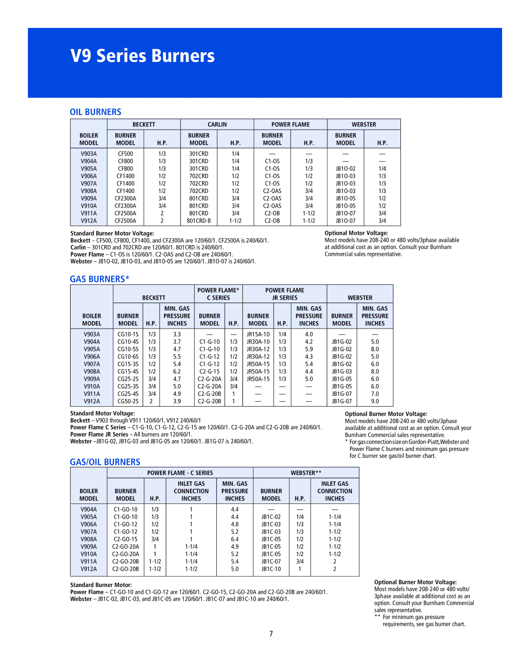 Burnham manual V9 Series Burners, GAS BURneRS, GAS/OIL BURneRS 