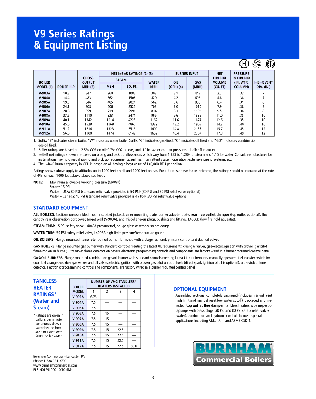 Burnham manual V9 Series Ratings Equipment Listing, STAnDARD eQUIpMenT, OpTIOnAL eQUIpMenT 