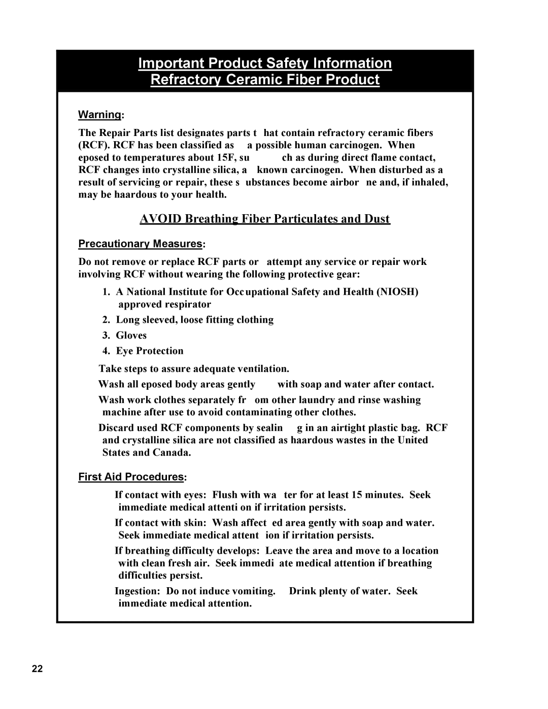 Burnham V9A manual Avoid Breathing Fiber Particulates and Dust 