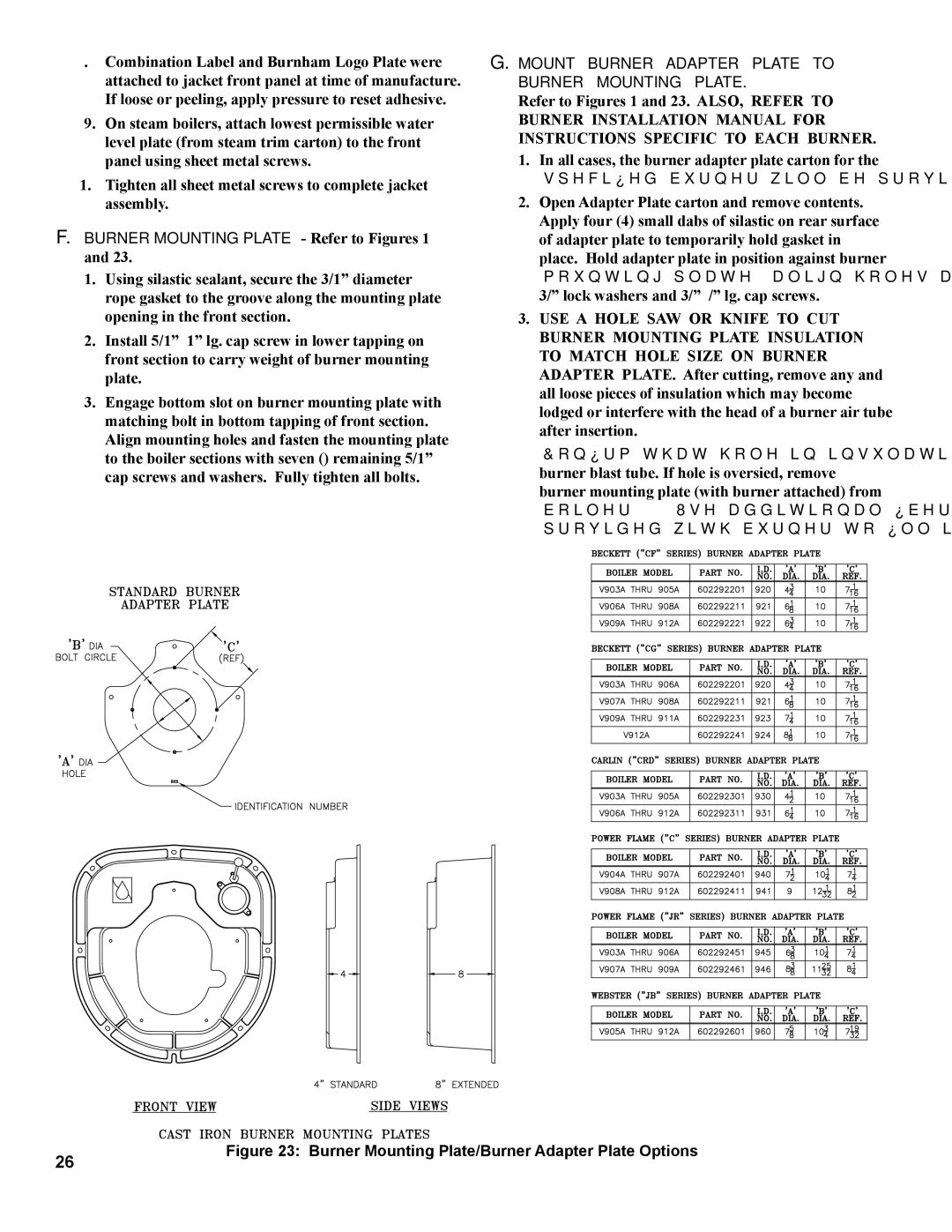 Burnham V9A manual Burner Mounting Plate Refer to Figures 16, Mount Burner Adapter Plate to Burner Mounting Plate 