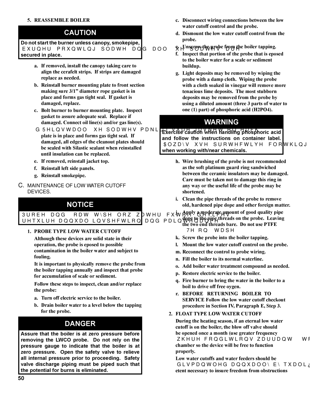 Burnham V9A manual Maintenance of LOW Water Cutoff Devices, Probe Type LOW Water Cutoff 