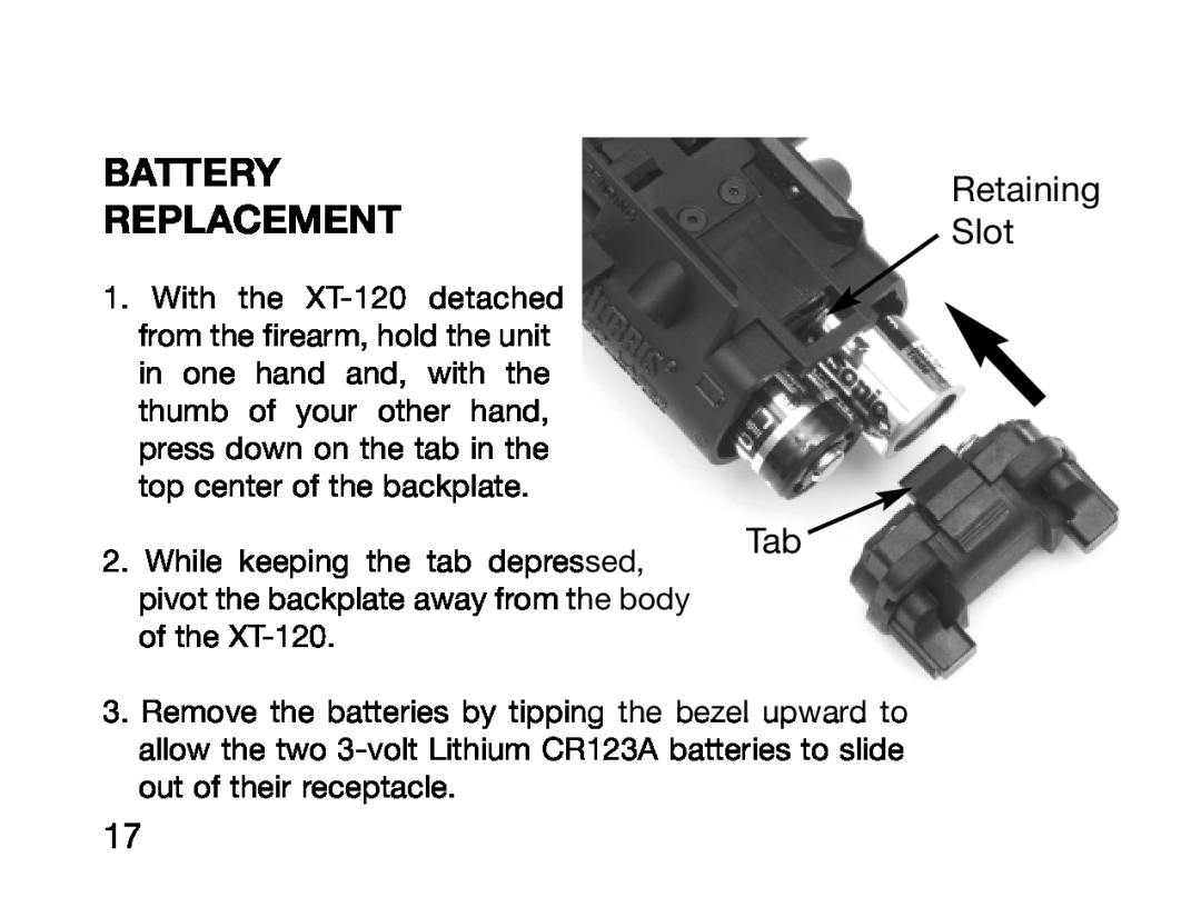 Burris XT-120 manual Battery Replacement, Retaining Slot 
