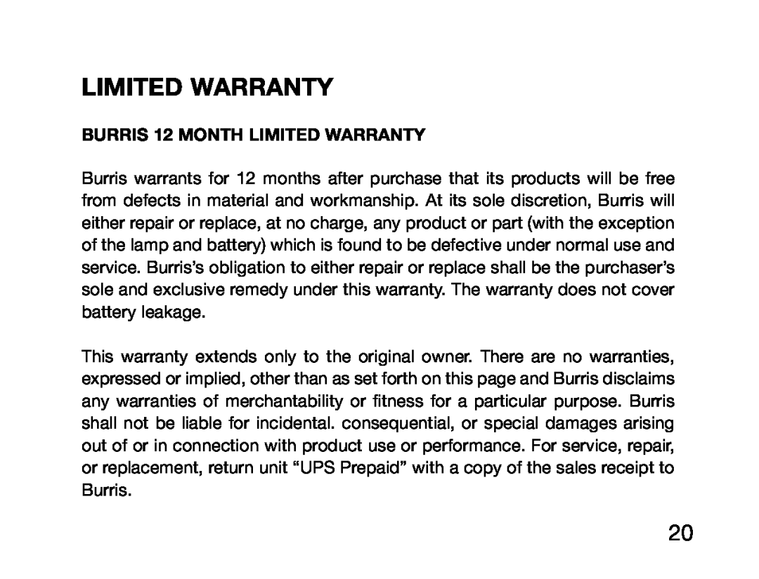 Burris XT-120 manual Limited Warranty, BURRIS 12 MONTH LIMITED WARRANTY 