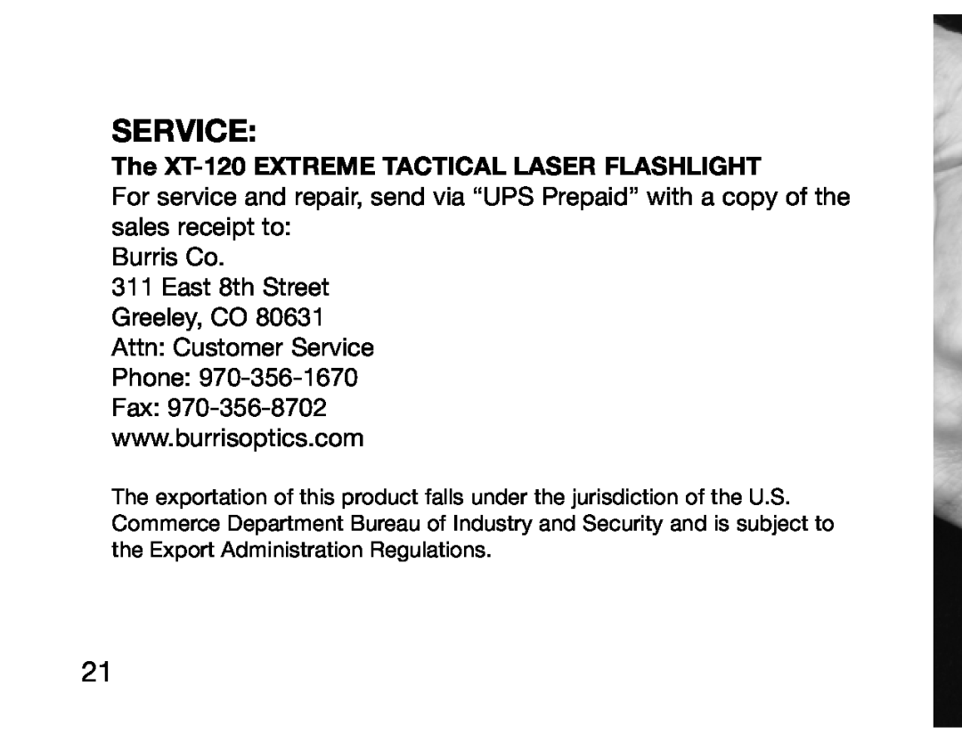 Burris manual Service, The XT-120EXTREME TACTICAL LASER FLASHLIGHT 