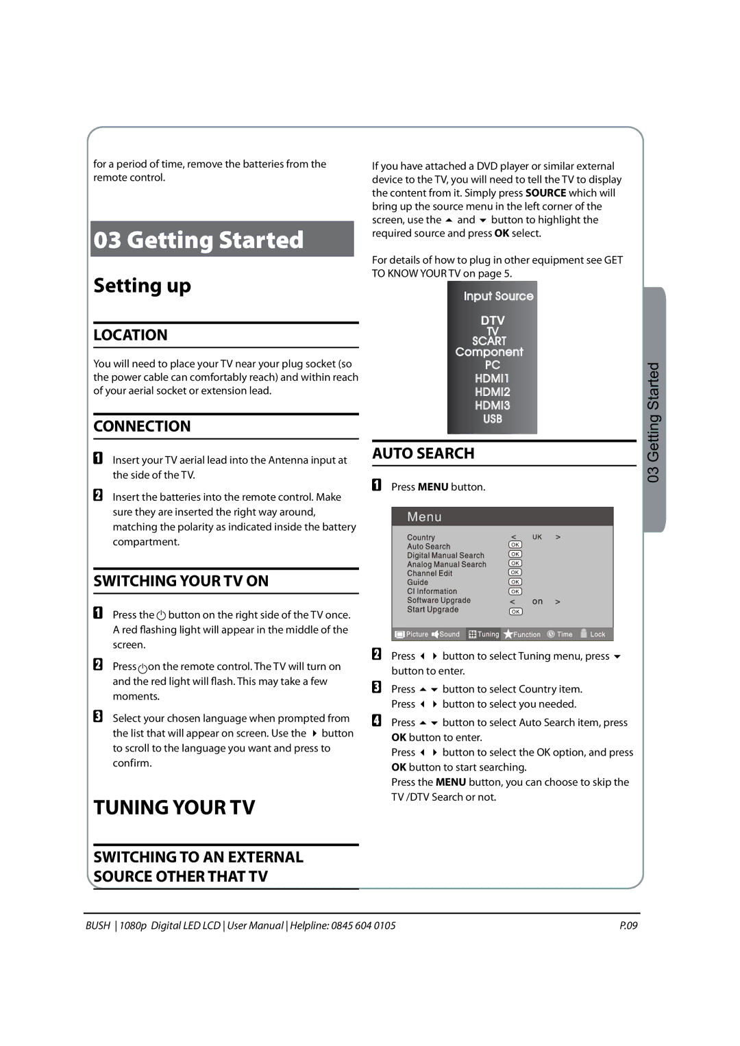 Bush 1080P instruction manual Setting up, Tuning Your TV 