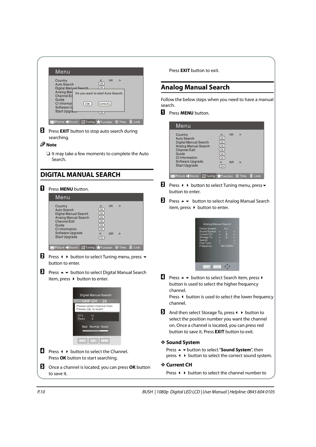 Bush 1080P instruction manual Digital Manual Search, Analog Manual Search, Sound System, Current CH 