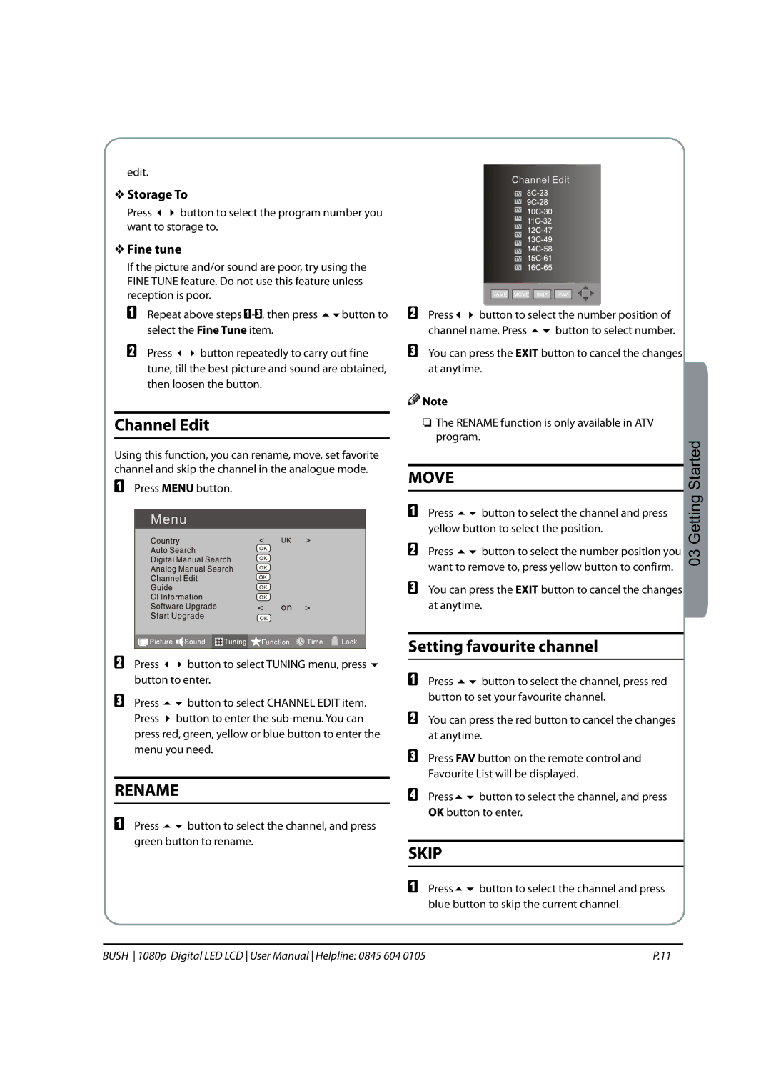 Bush 1080P instruction manual Channel Edit, Rename, Move, Setting favourite channel, Skip 