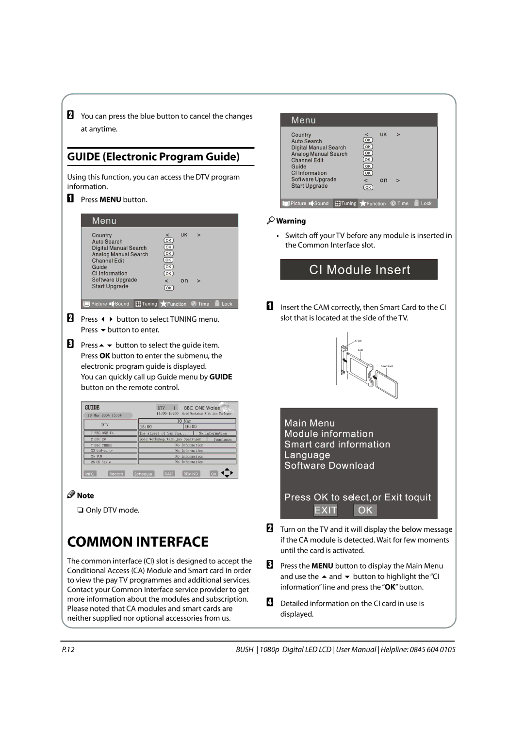 Bush 1080P instruction manual Common Interface, Guide Electronic Program Guide 