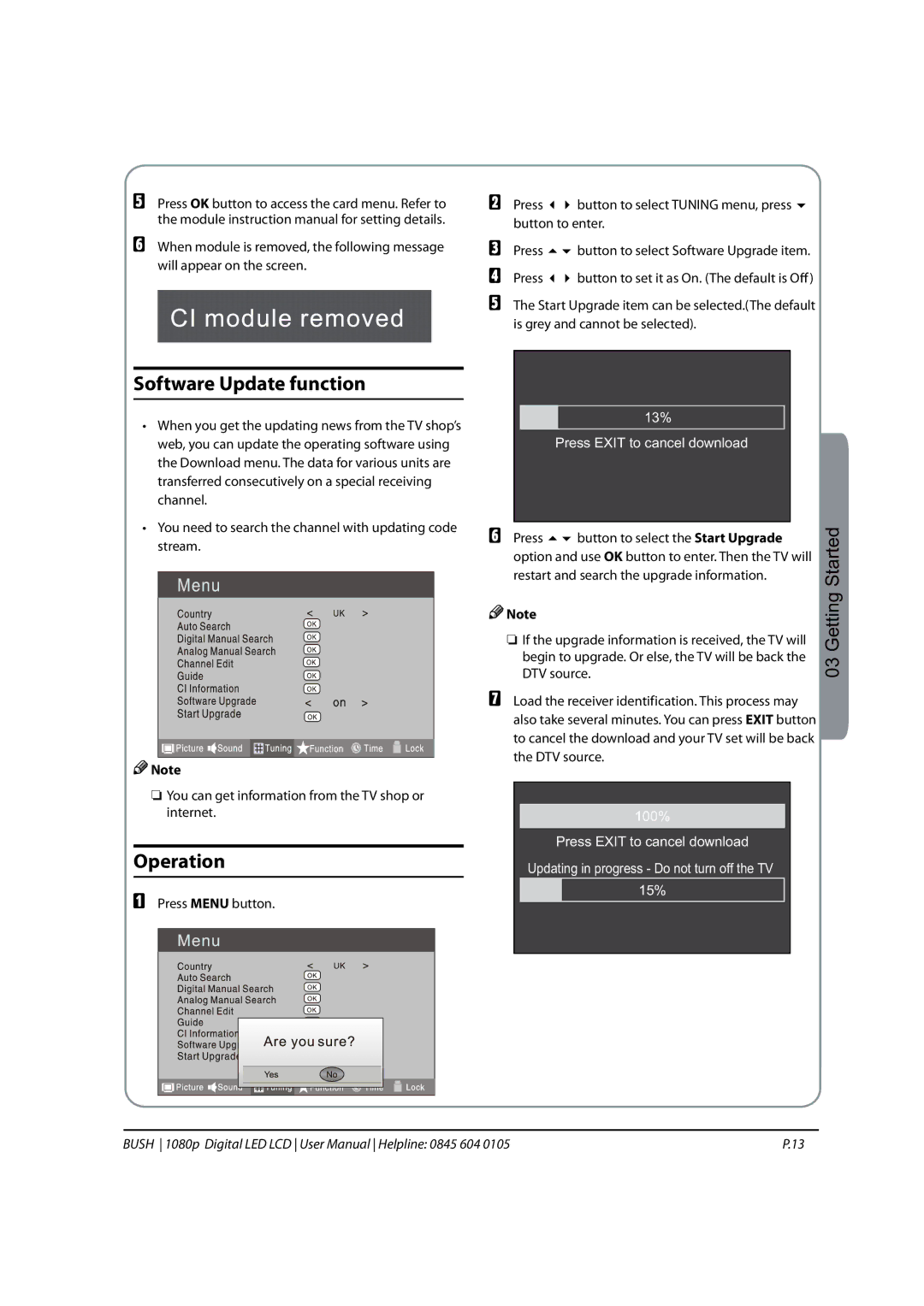 Bush 1080P instruction manual Software Update function, Operation, Press Button to select the Start Upgrade, DTV source 