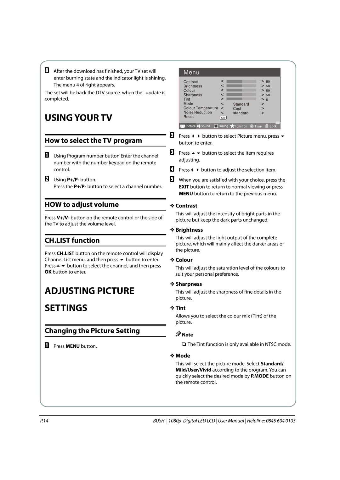 Bush 1080P instruction manual Using Your TV, Adjusting Picture Settings 