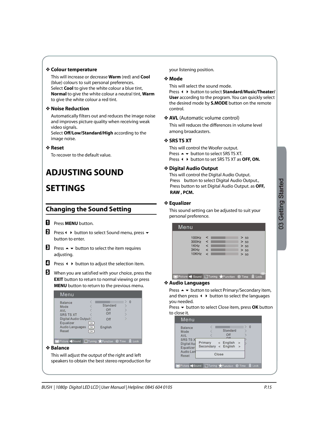 Bush 1080P instruction manual Adjusting Sound Settings, Changing the Sound Setting 