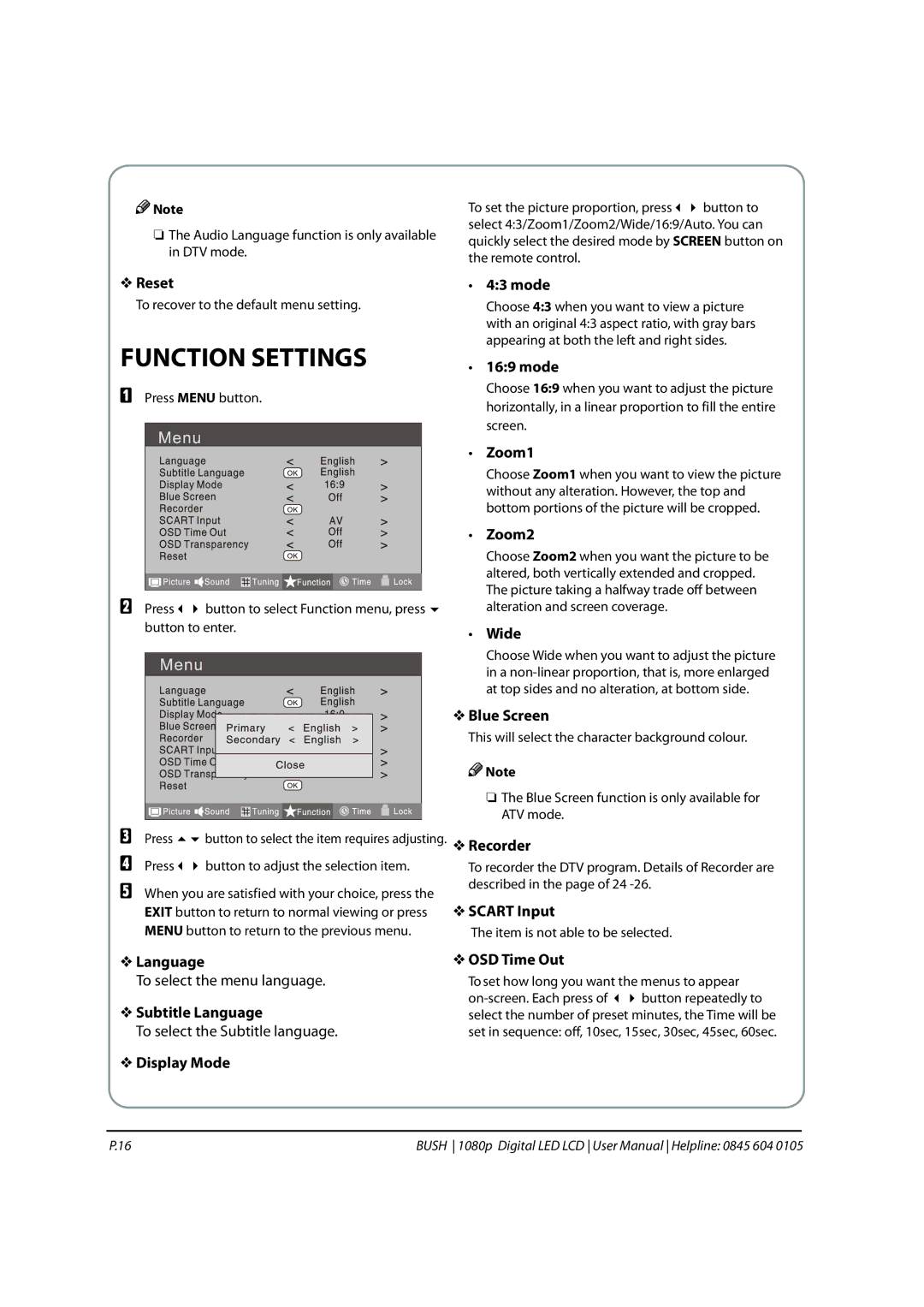 Bush 1080P instruction manual Function Settings 