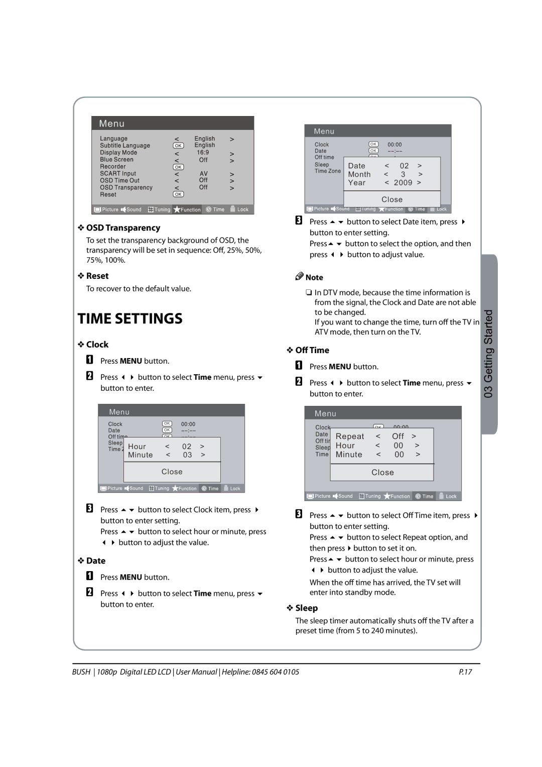 Bush 1080P instruction manual Time Settings 