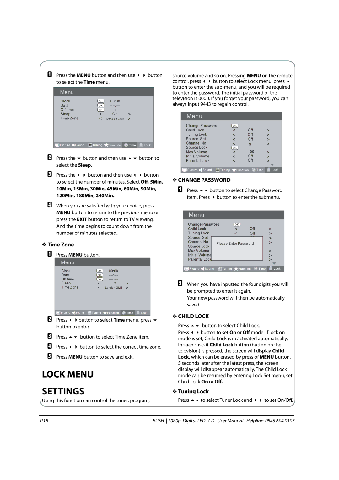 Bush 1080P instruction manual Lock Menu Settings, Time Zone, Tuning Lock, Press button to select Child Lock 