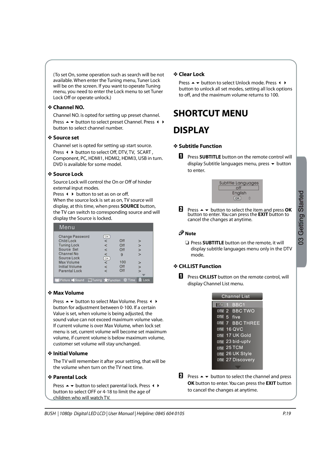 Bush 1080P instruction manual Shortcut Menu Display 