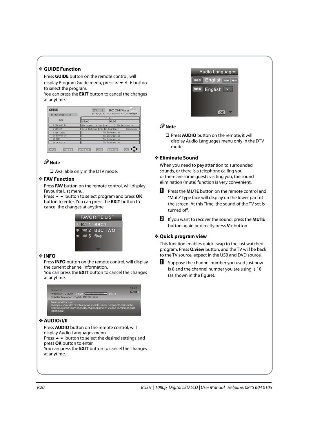 Bush 1080P instruction manual Guide Function, FAV Function, Eliminate Sound, Quick program view 