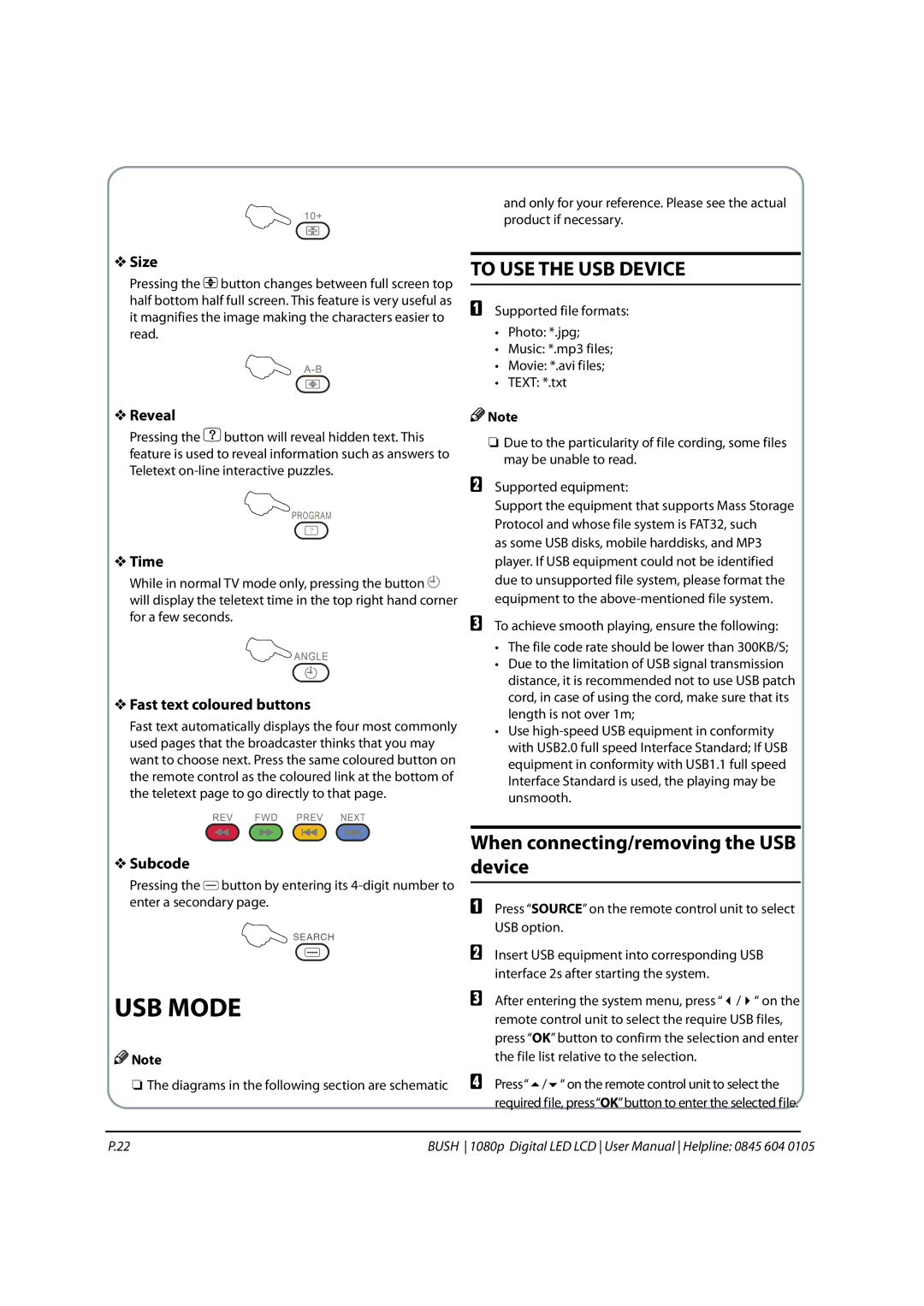 Bush 1080P instruction manual USB Mode, To USE the USB Device, When connecting/removing the USB device 