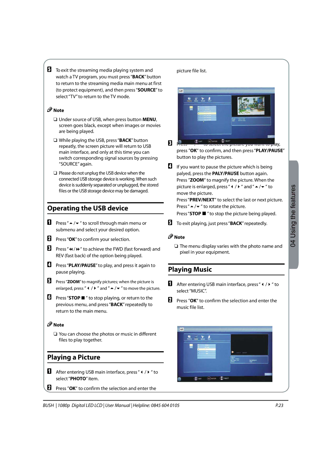 Bush 1080P instruction manual Operating the USB device, Playing a Picture, Playing Music 