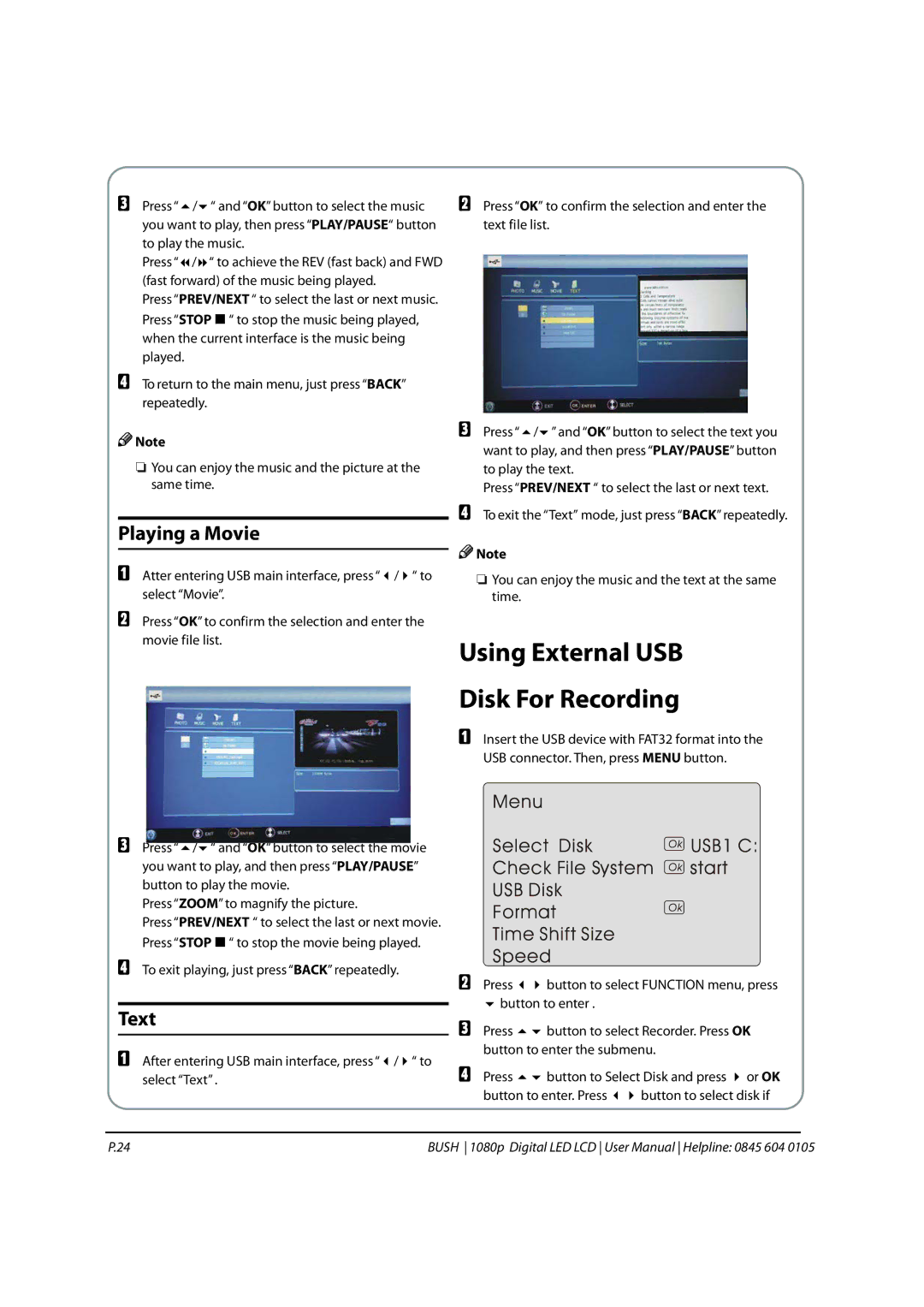 Bush 1080P instruction manual Using External USB Disk For Recording, Playing a Movie, Text 