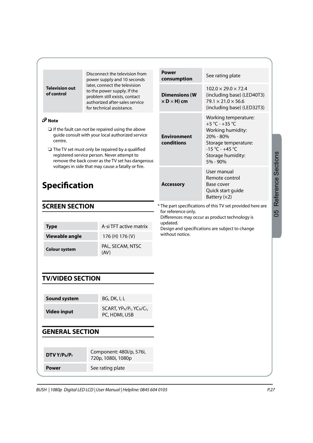 Bush 1080P instruction manual Specification, Screen Section, TV/VIDEO Section, General Section 