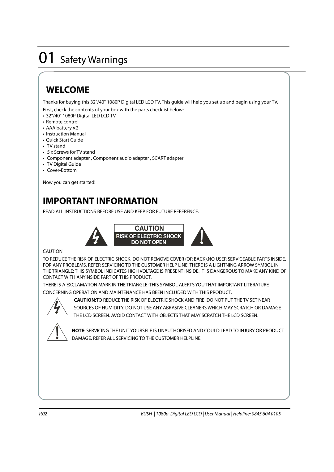 Bush 1080P instruction manual Welcome, Important Information 