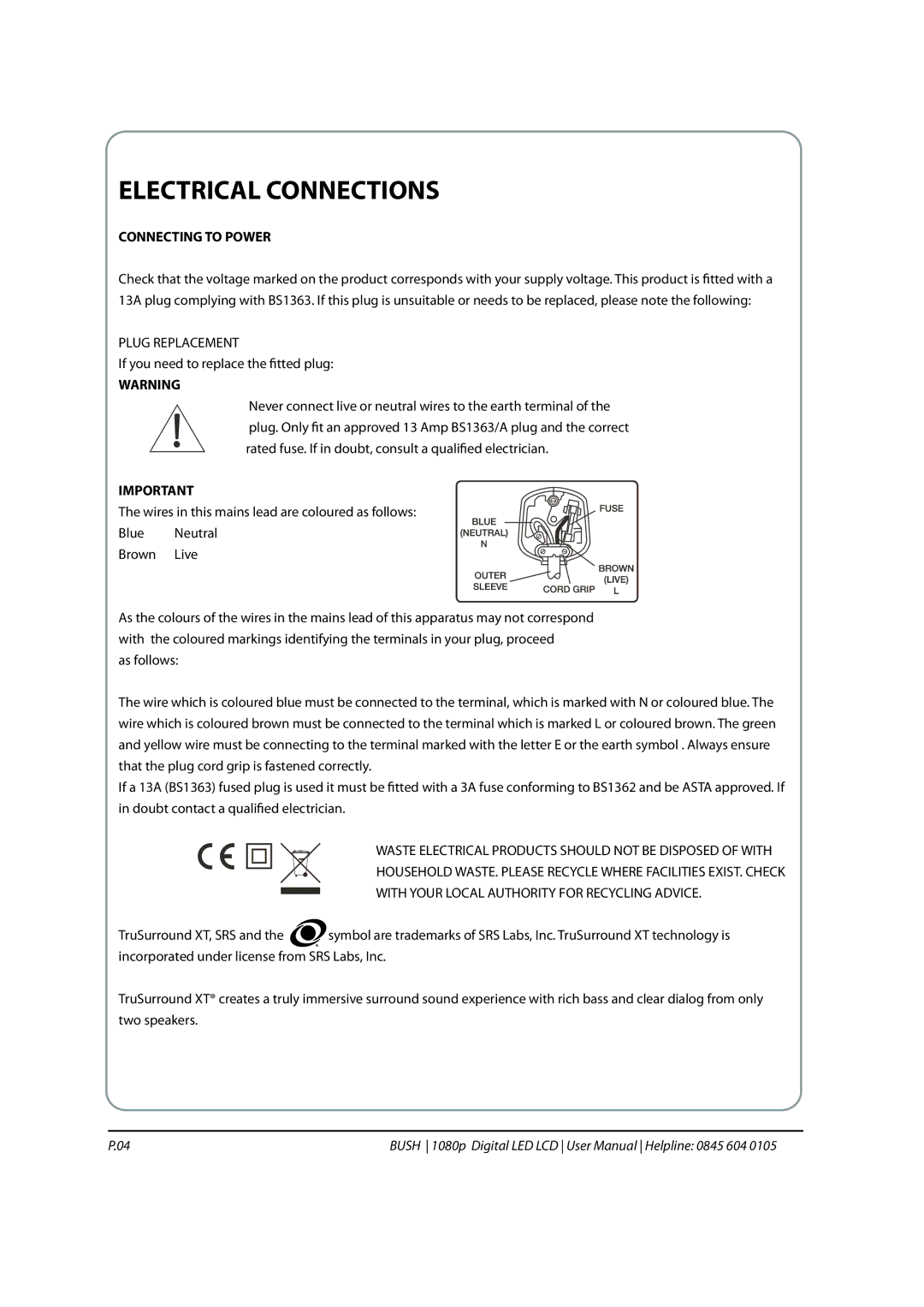 Bush 1080P instruction manual Electrical Connections, Connecting to Power 