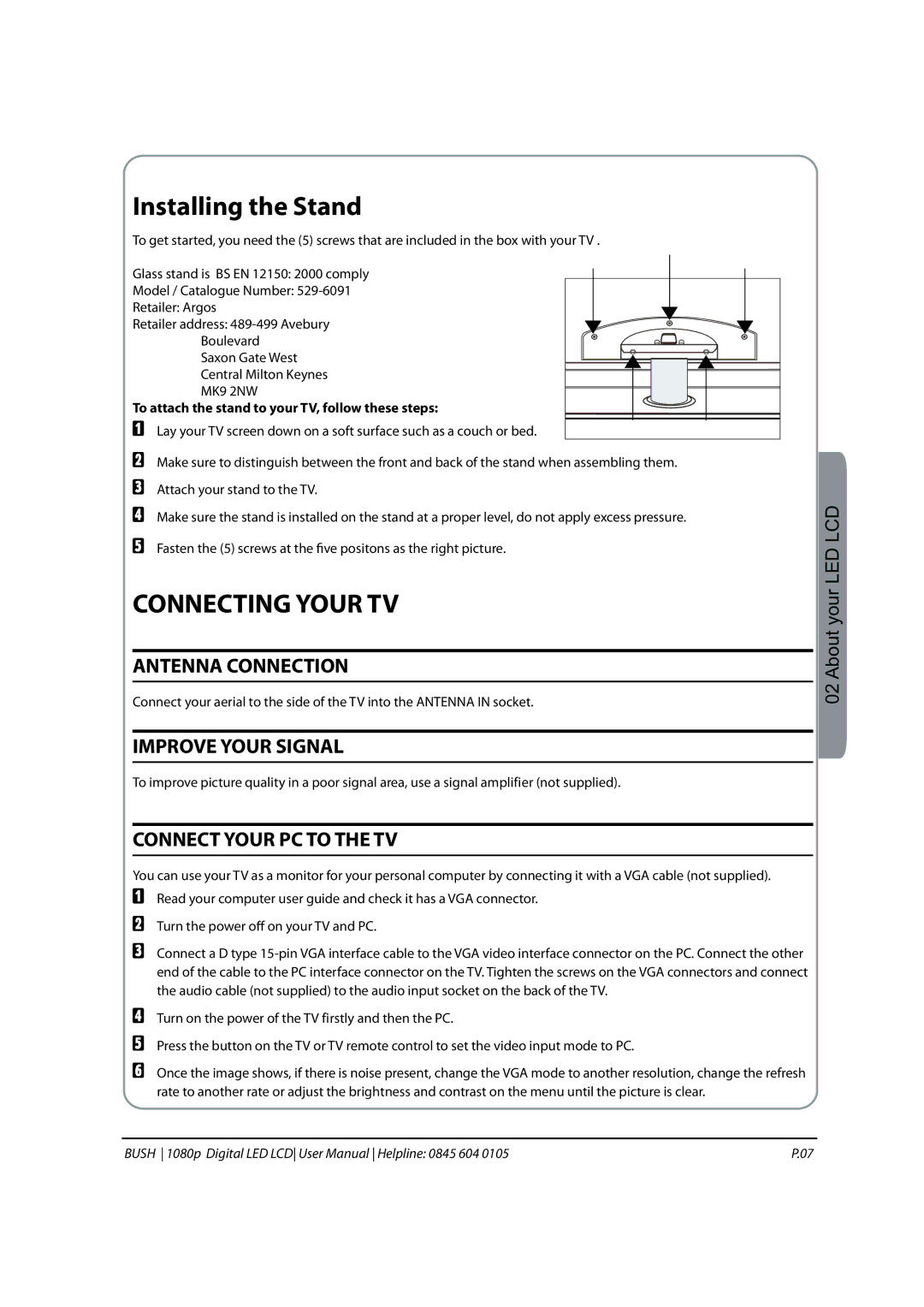 Bush 1080P Installing the Stand, Connecting Your TV, Antenna Connection, Improve Your Signal, Connect Your PC to the TV 