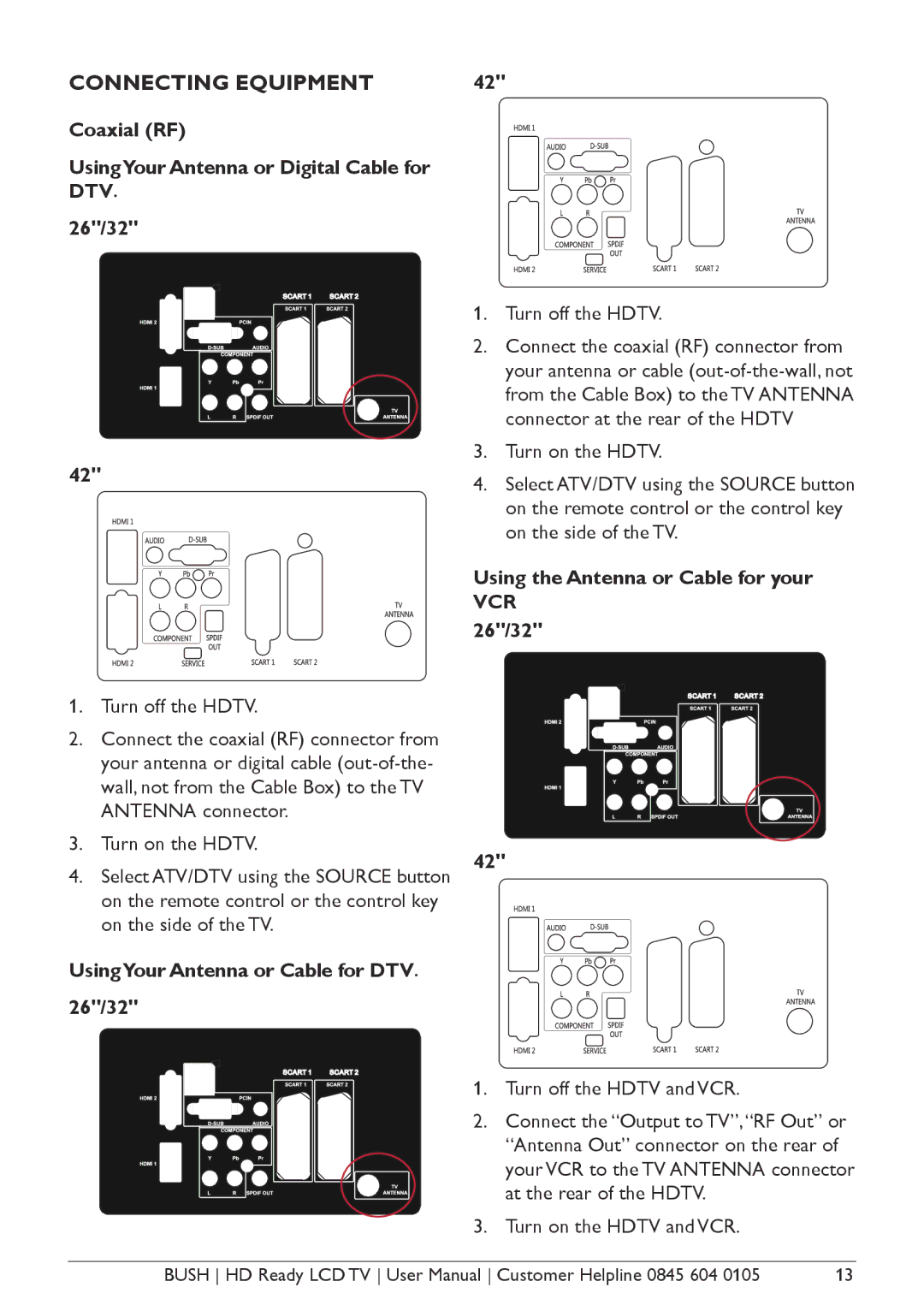 Bush A632N, Aseries, A626N, A642N Connecting Equipment, Coaxial RF UsingYour Antenna or Digital Cable for DTV 26/32 