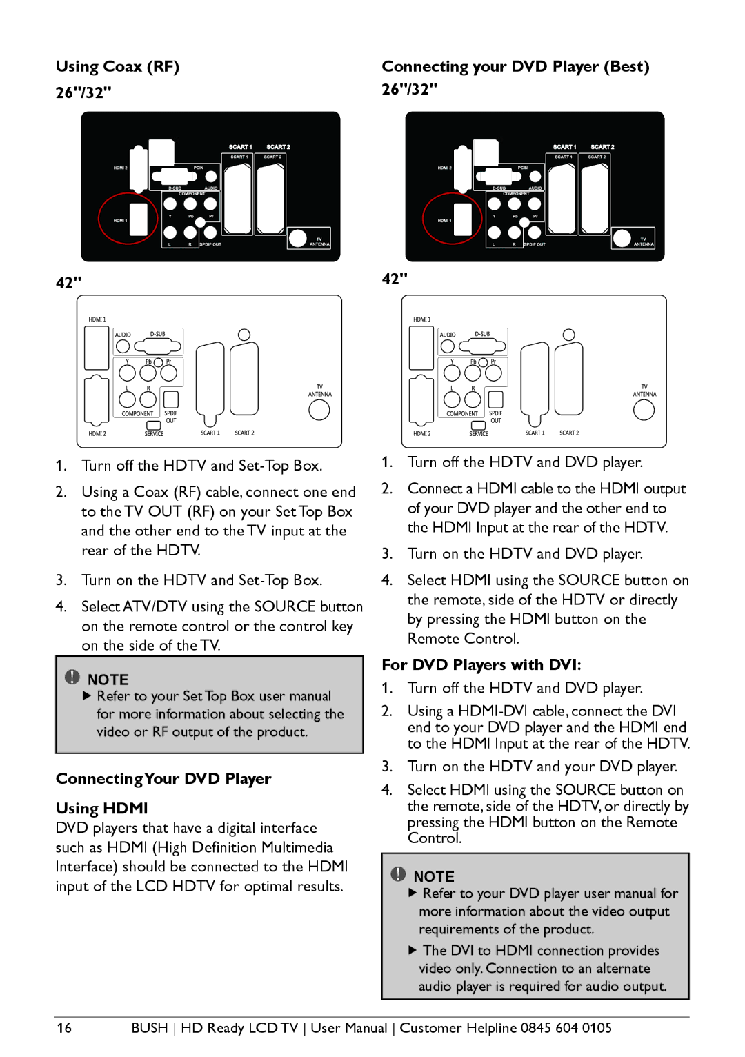 Bush A626N, A632N, Aseries Using Coax RF 26/32 Connecting your DVD Player Best 26/32, ConnectingYour DVD Player Using Hdmi 