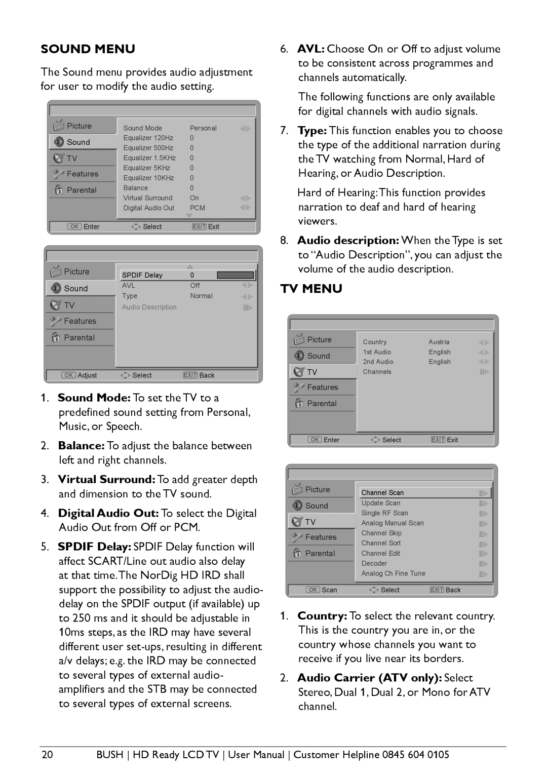 Bush Aseries, A632N, A626N, A642N instruction manual Sound Menu, TV Menu 