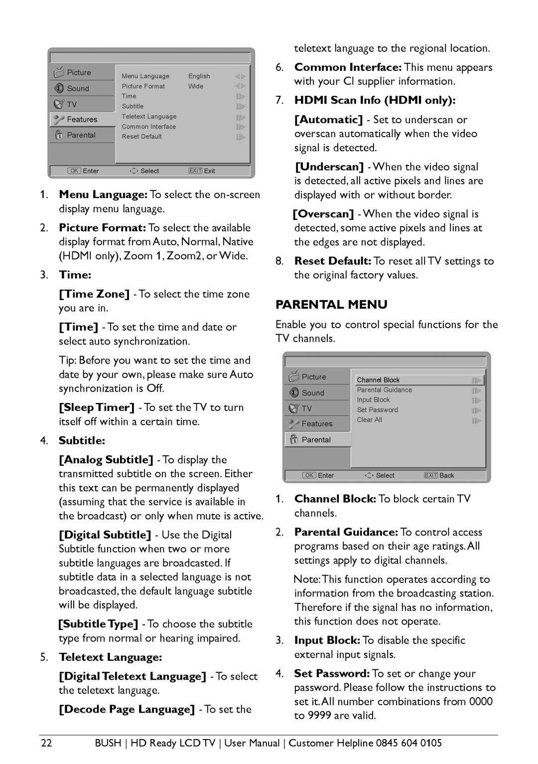 Bush A642N, A632N, Aseries, A626N Parental Menu, Menu Language To select the on-screen display menu language, Time, Subtitle 