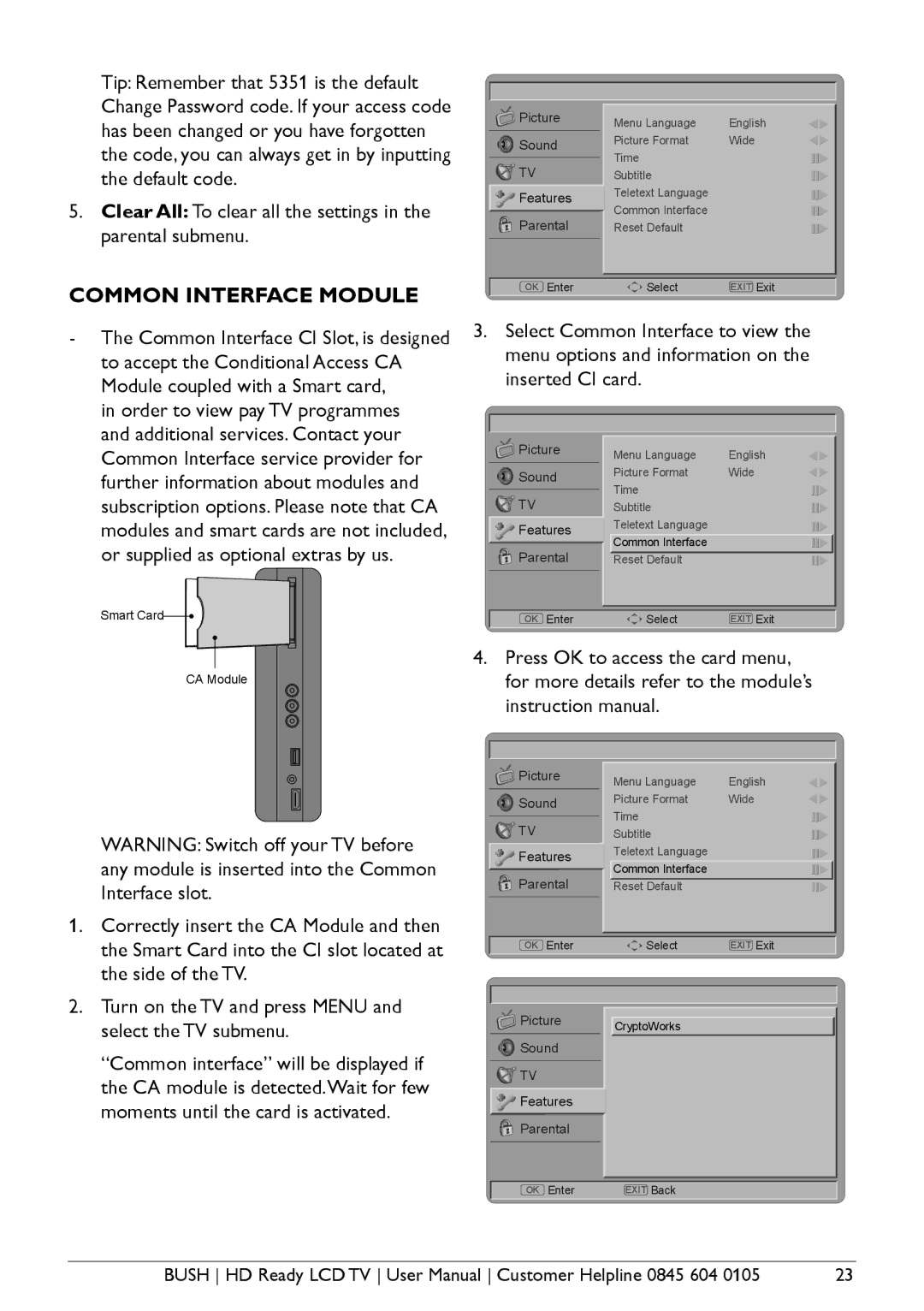 Bush A632N, Aseries, A626N, A642N Common Interface Module, Clear All To clear all the settings in the parental submenu 