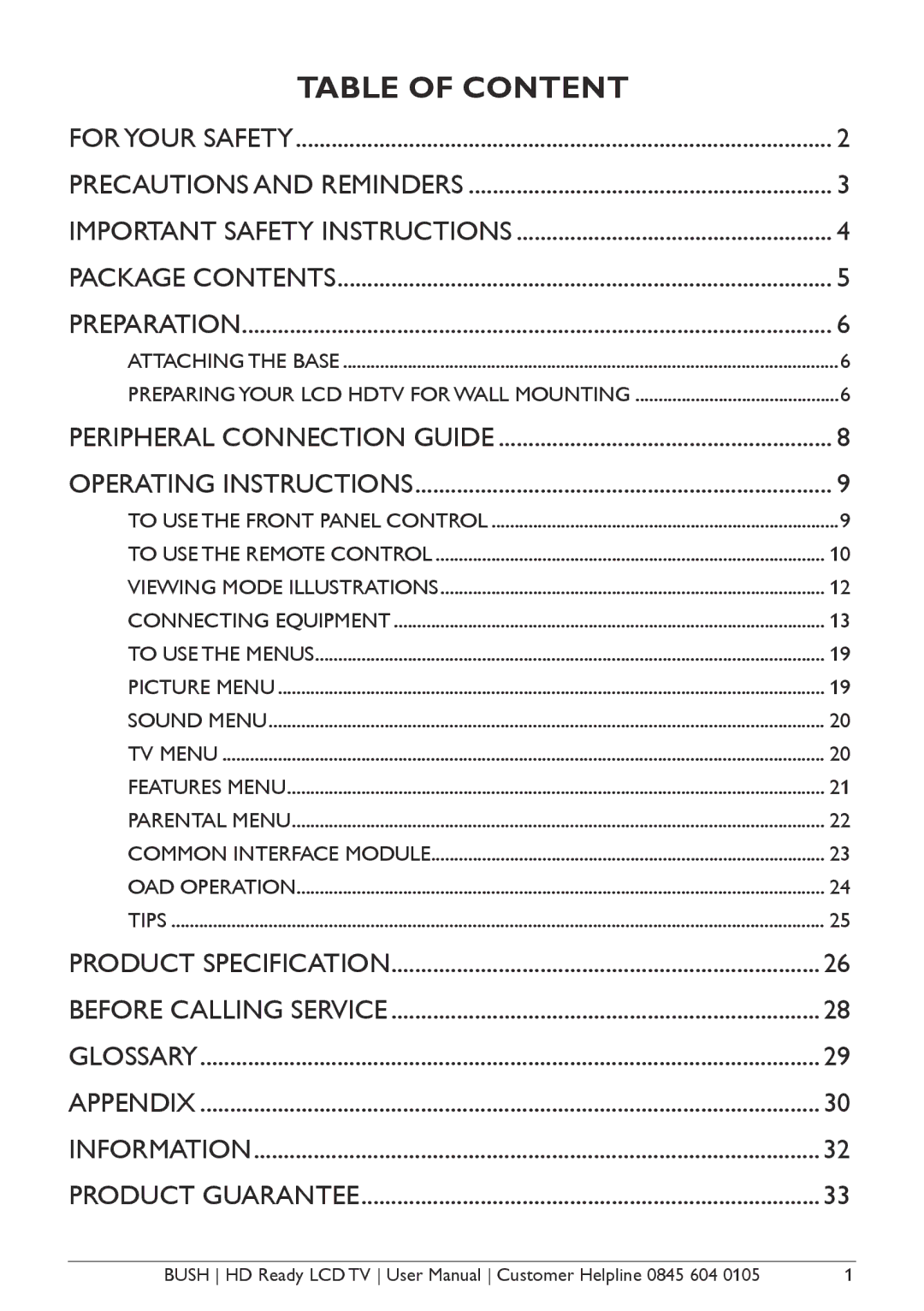 Bush A626N, A632N, Aseries, A642N instruction manual Table of Content 