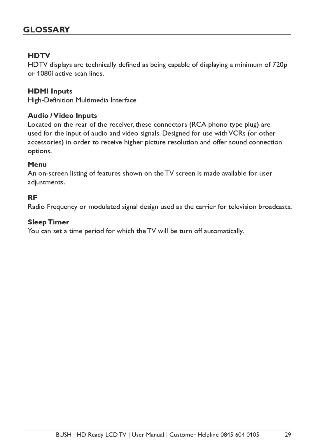 Bush A632N, Aseries, A626N, A642N instruction manual Glossary, Hdtv 