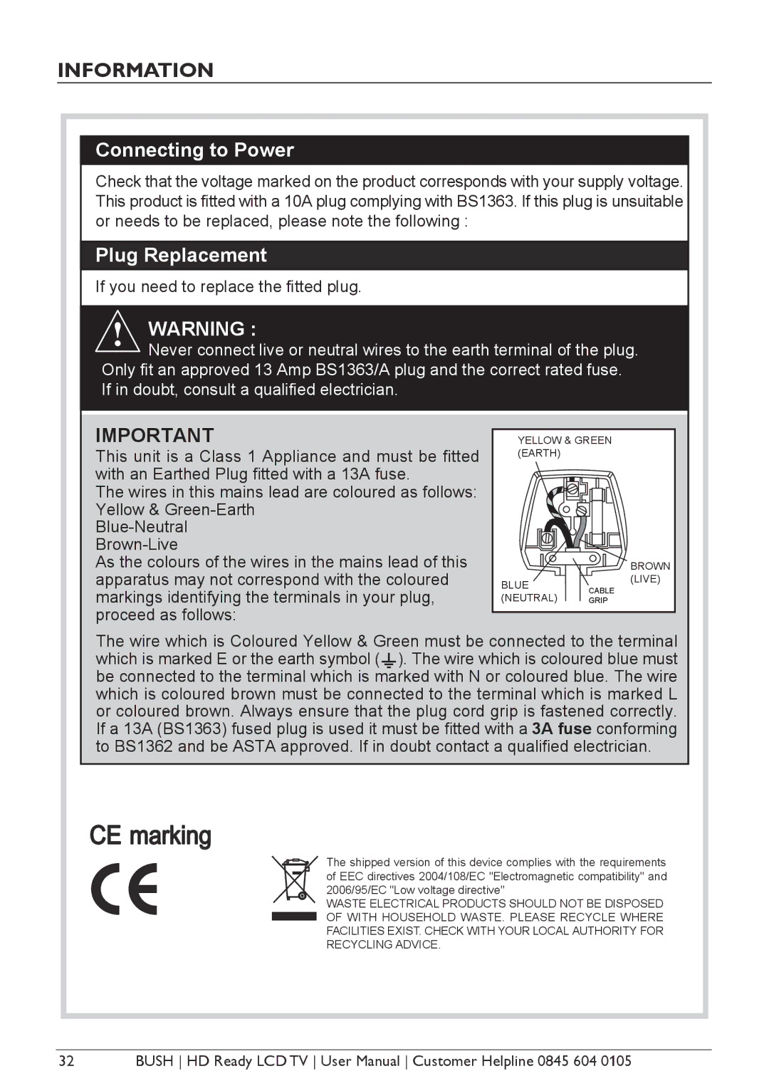 Bush A642N, A632N, Aseries, A626N instruction manual Information, If you need to replace the fitted plug 