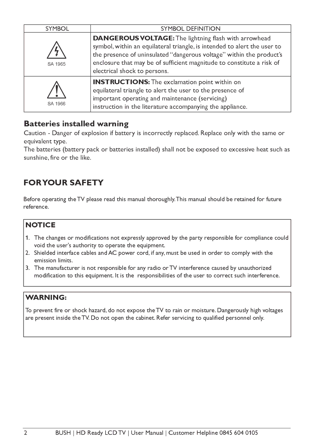 Bush A642N, A632N, Aseries, A626N instruction manual Foryour Safety 