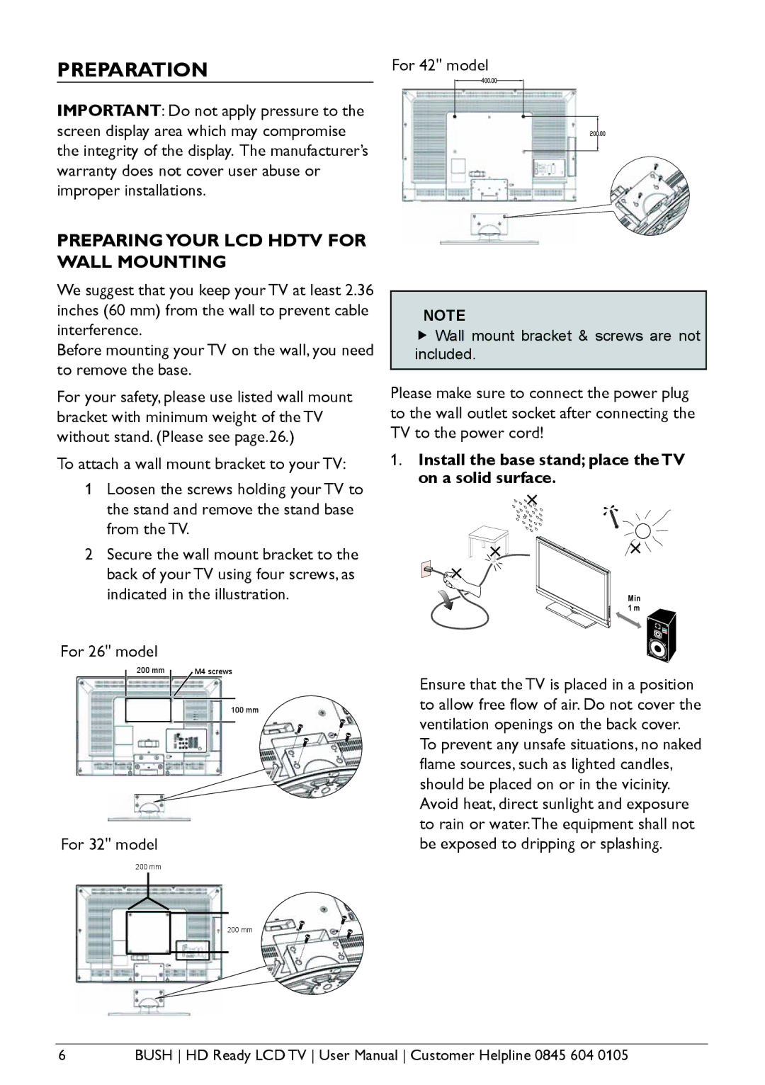 Bush A626N Preparation, Preparingyour LCD Hdtv for Wall Mounting, Install the base stand place the TV on a solid surface 