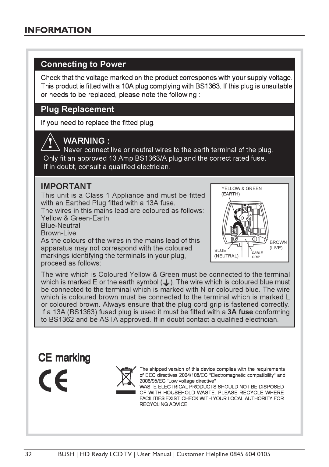 Bush A642N, A632N, Aseries, A626N instruction manual Information, CE marking, Connecting to Power, Plug Replacement 