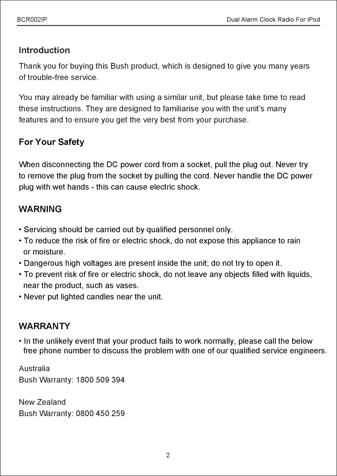 Bush BCR002IP instruction manual Introduction, For Your Safety 