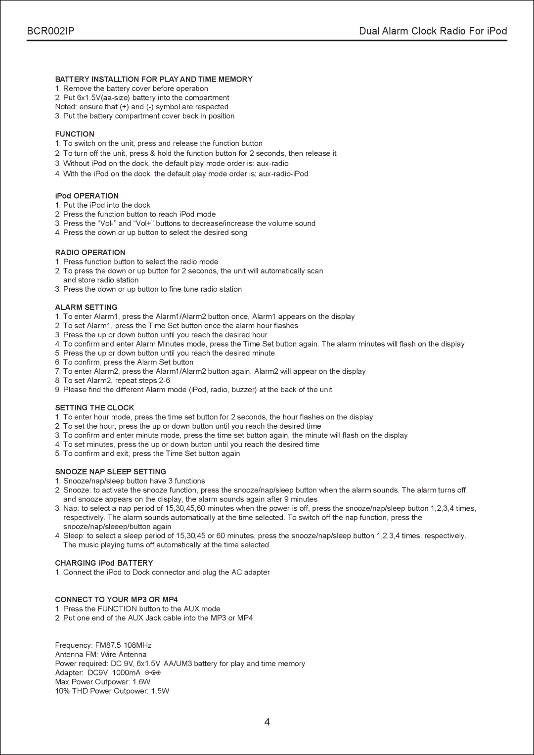 Bush BCR002IP instruction manual Battery Installtion for Play and Time Memory 