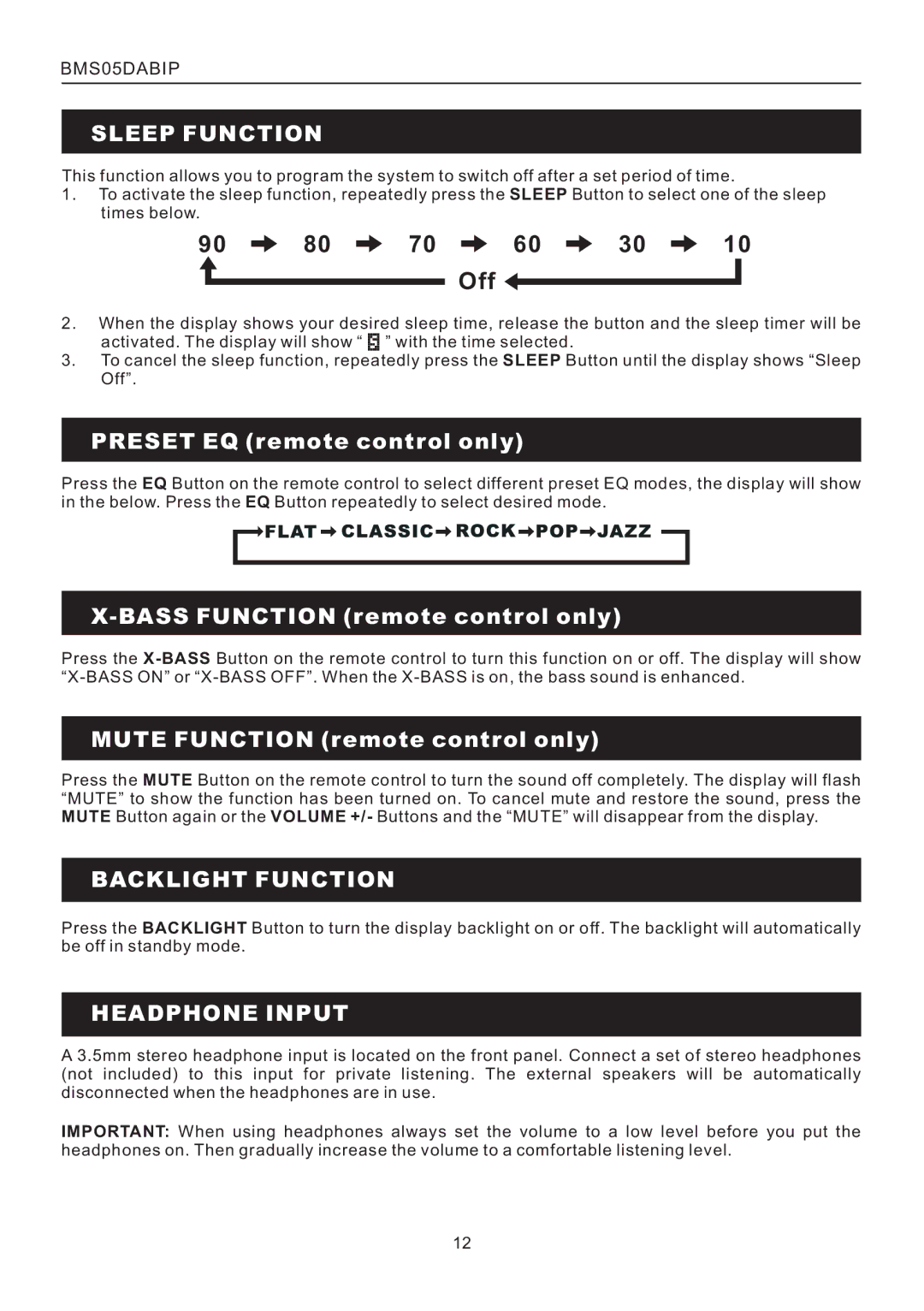 Bush BMS05DABIP manual Sleep Function, Backlight Function, Headphone Input 