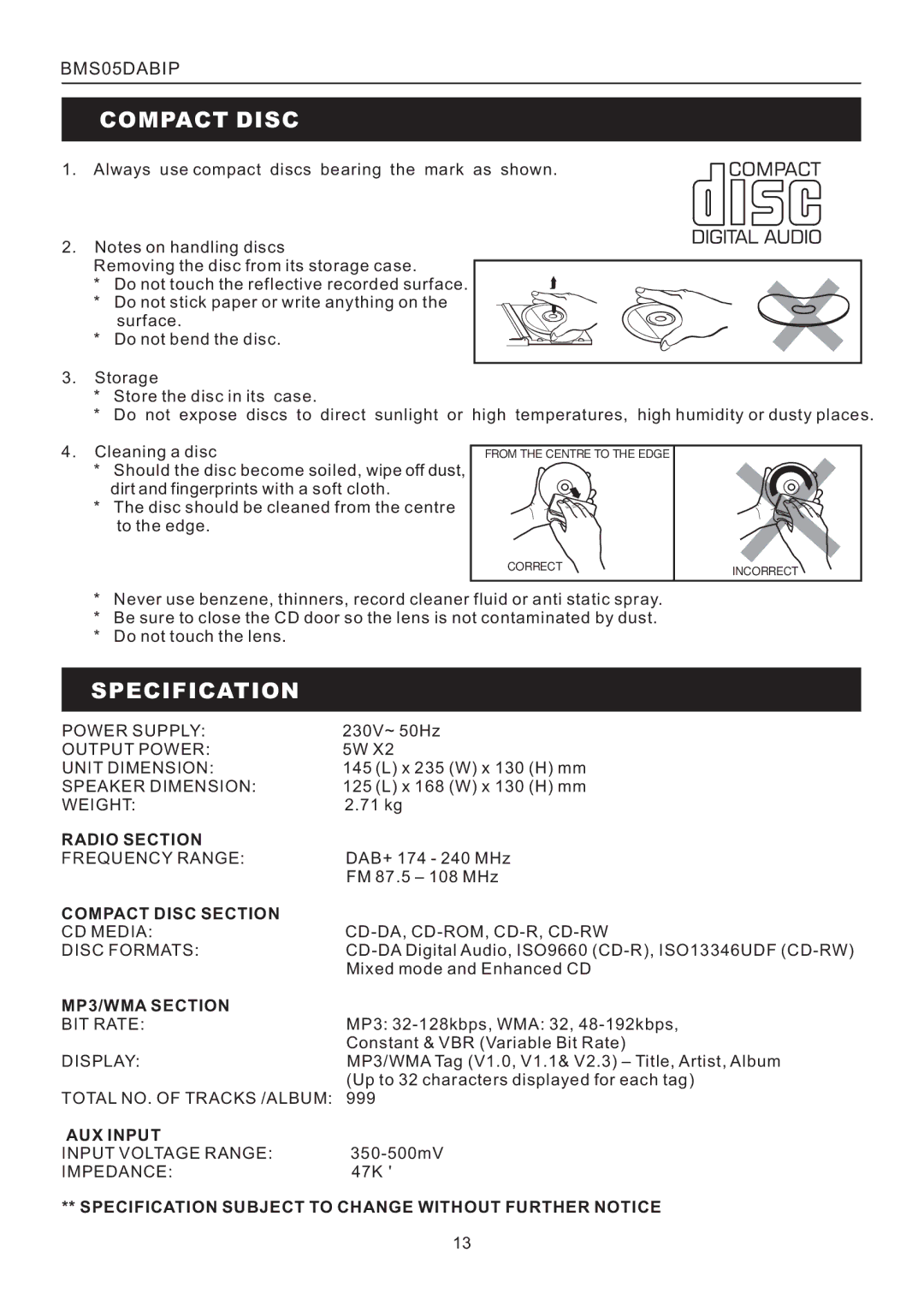 Bush BMS05DABIP manual Compact Disc, Specification 