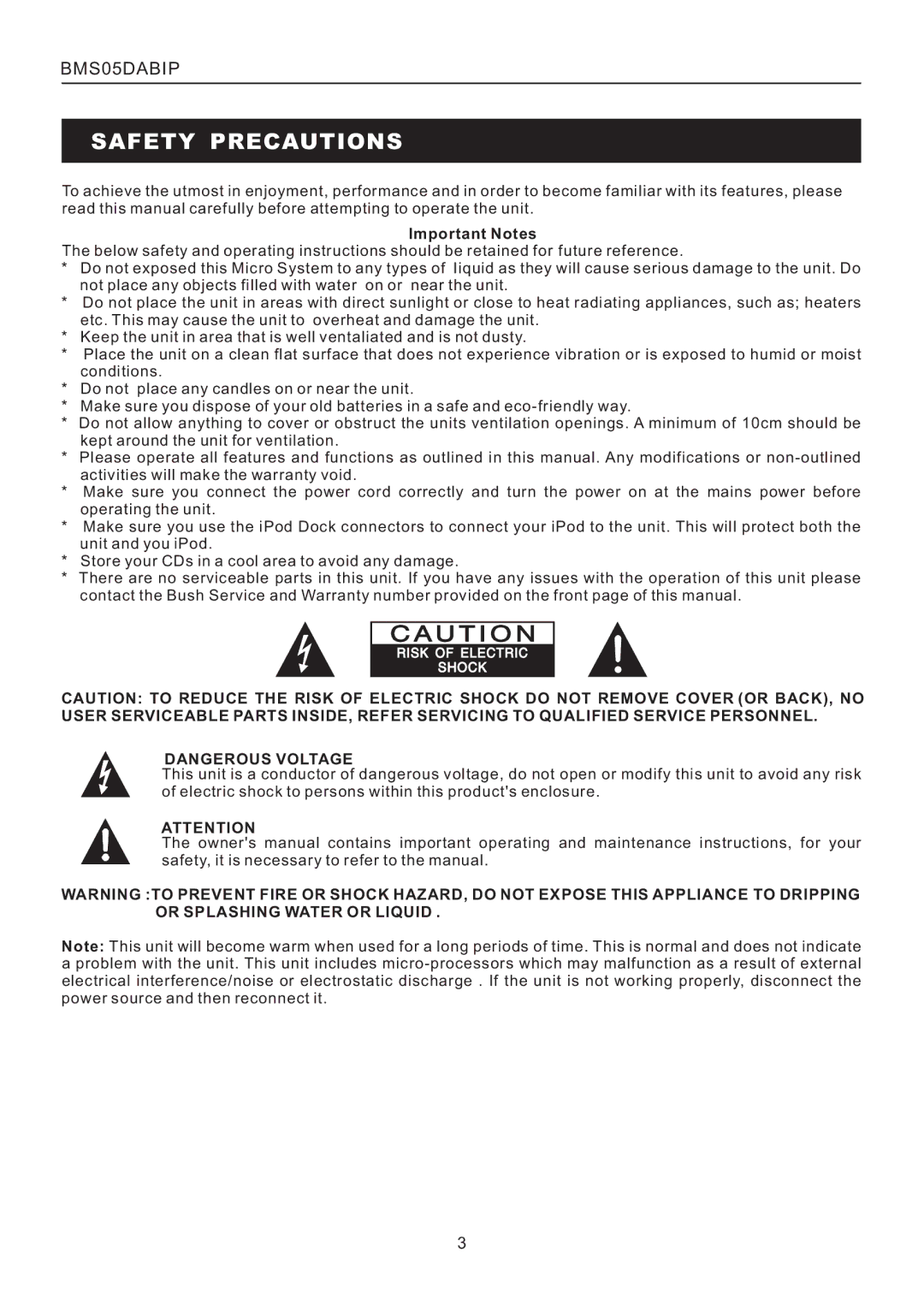 Bush BMS05DABIP manual Safety Precautions, Important Notes 