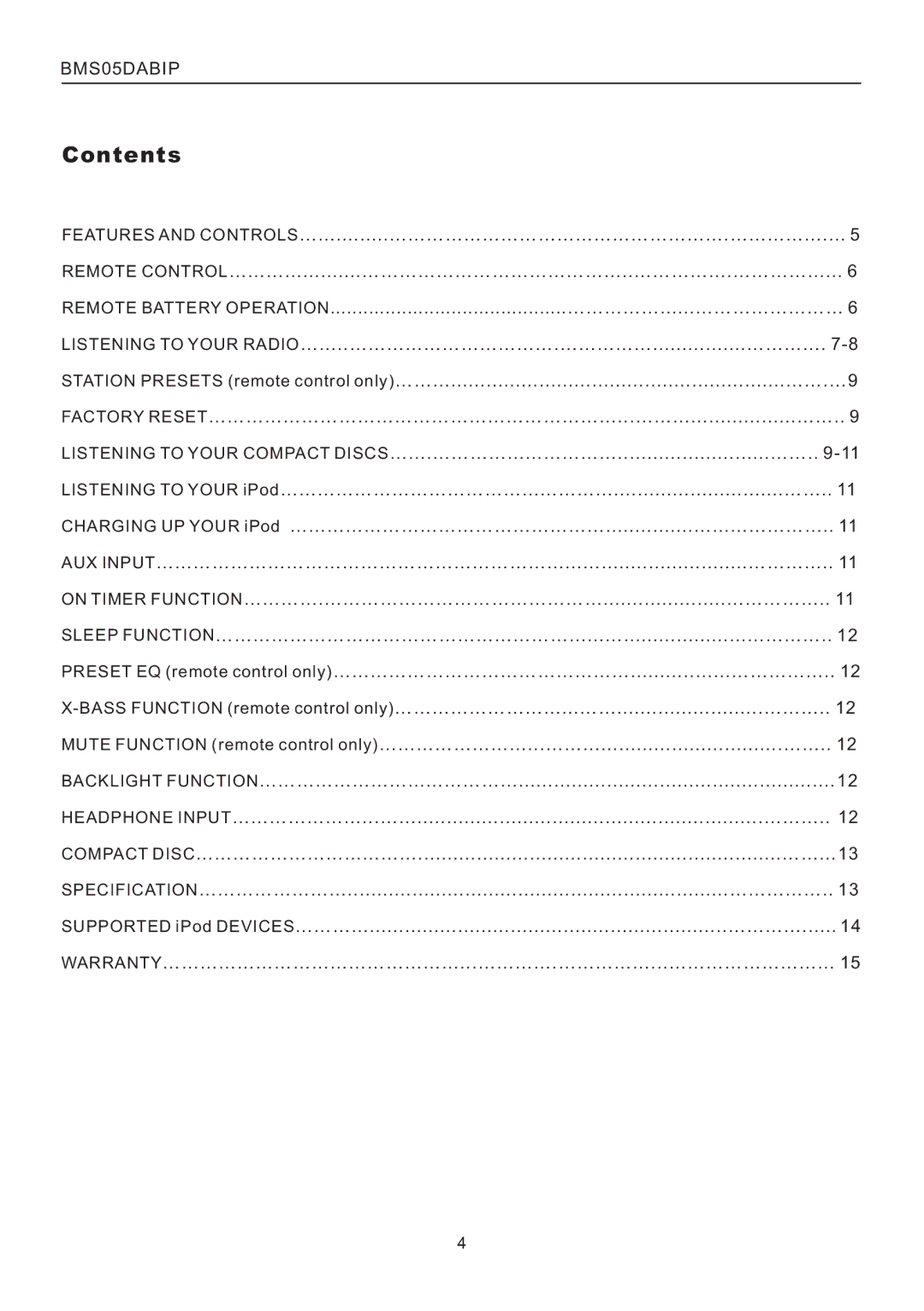 Bush BMS05DABIP manual Contents 