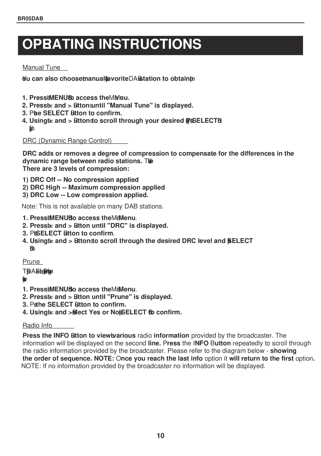 Bush BR05DAB instruction manual Manual Tune, DRC Dynamic Range Control, Prune, Radio Info 