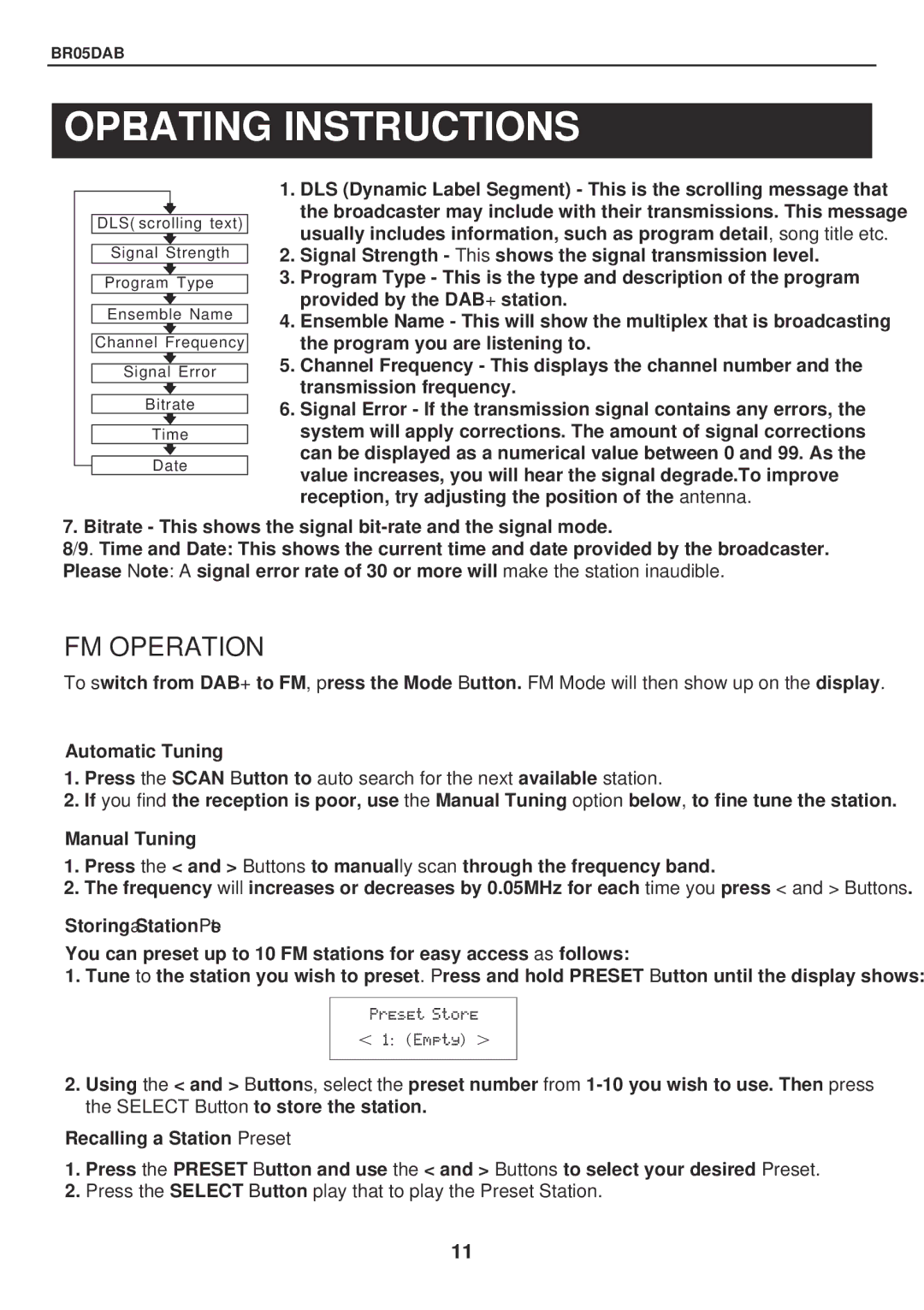 Bush BR05DAB instruction manual Automatic Tuning, Manual Tuning, Storing a Station Preset, Recalling a Station Preset 