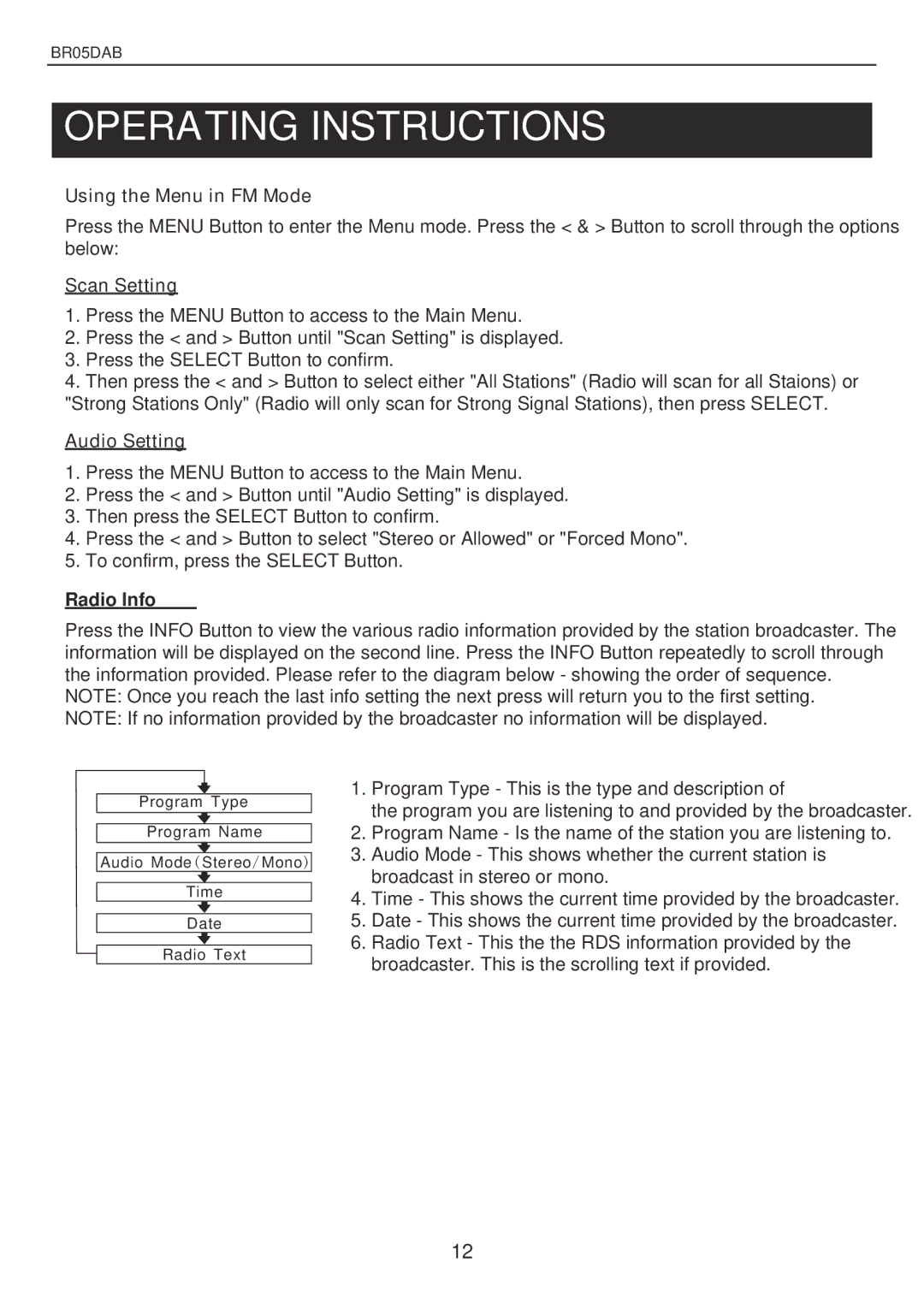 Bush BR05DAB instruction manual Using the Menu in FM Mode, Scan Setting, Audio Setting 